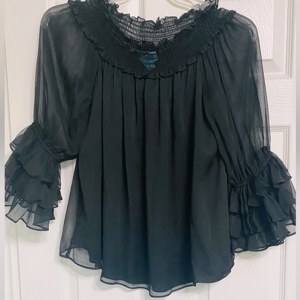 Women’s Off The Shoulder Ruffled-sleeve Top. Black. Medium